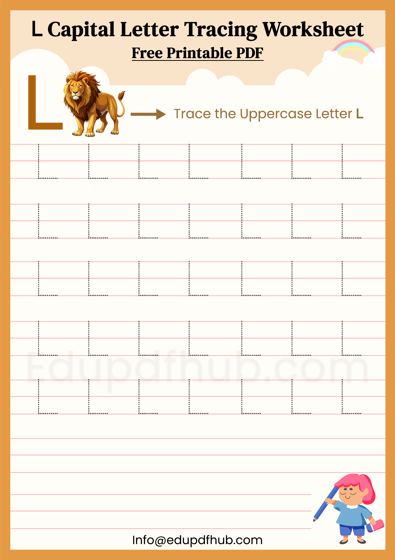 L Capital Letter Tracing Worksheet Printable PDF for Kids